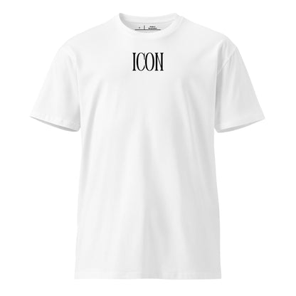 White t-shirt with 'ICON' text on a white background