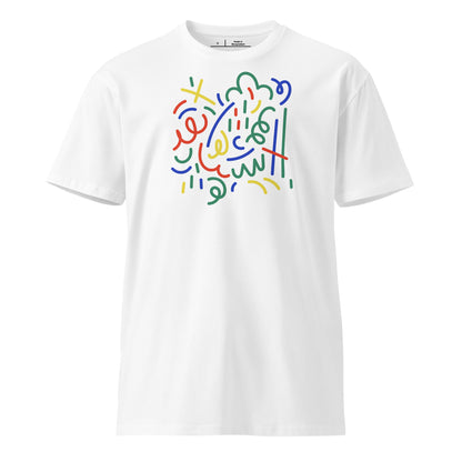 White t-shirt with colorful abstract design on a white background