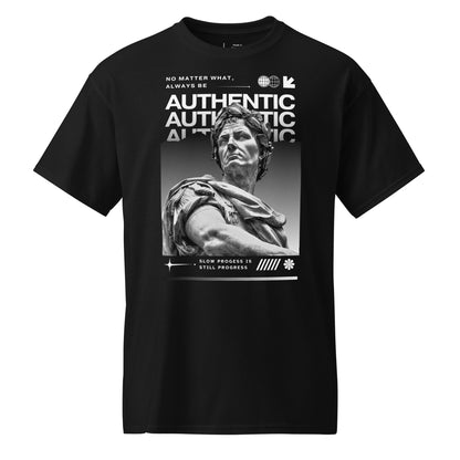 Black t-shirt with a graphic of a statue and motivational text on a white background