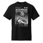 Black t-shirt with a graphic of a statue and motivational text on a white background