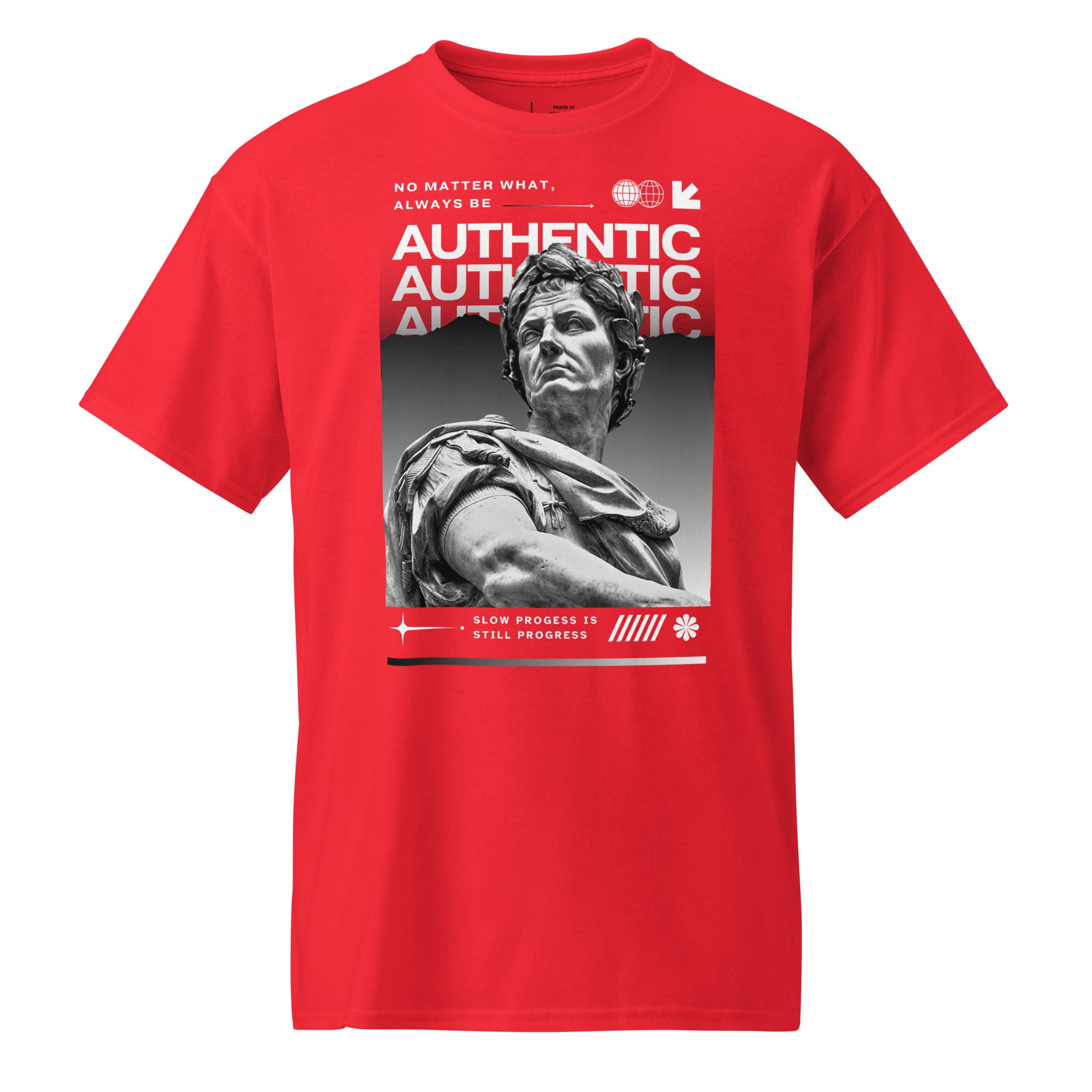 Red t-shirt with a graphic of a statue and text on a white background