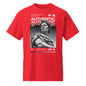 Red t-shirt with a graphic of a statue and text on a white background