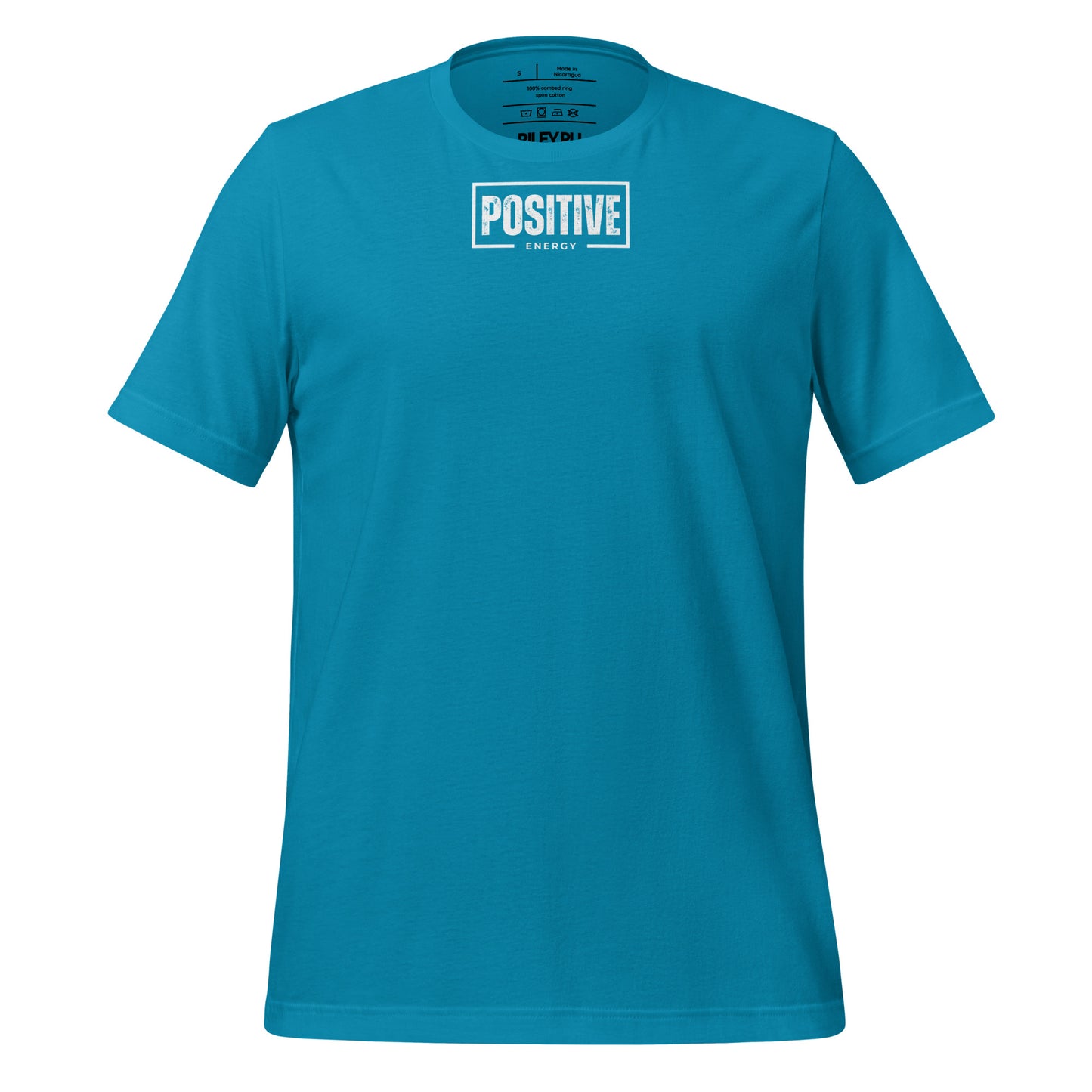 Blue t-shirt with text on a white background