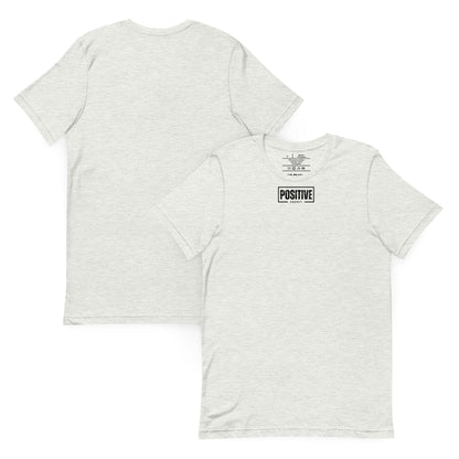 White t-shirt with 'POSITIVE' text on a white background