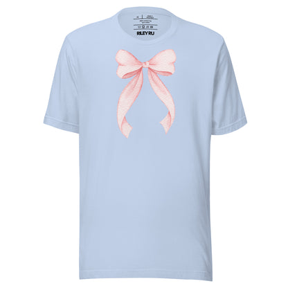 Light blue t-shirt with a pink bow design on a white background