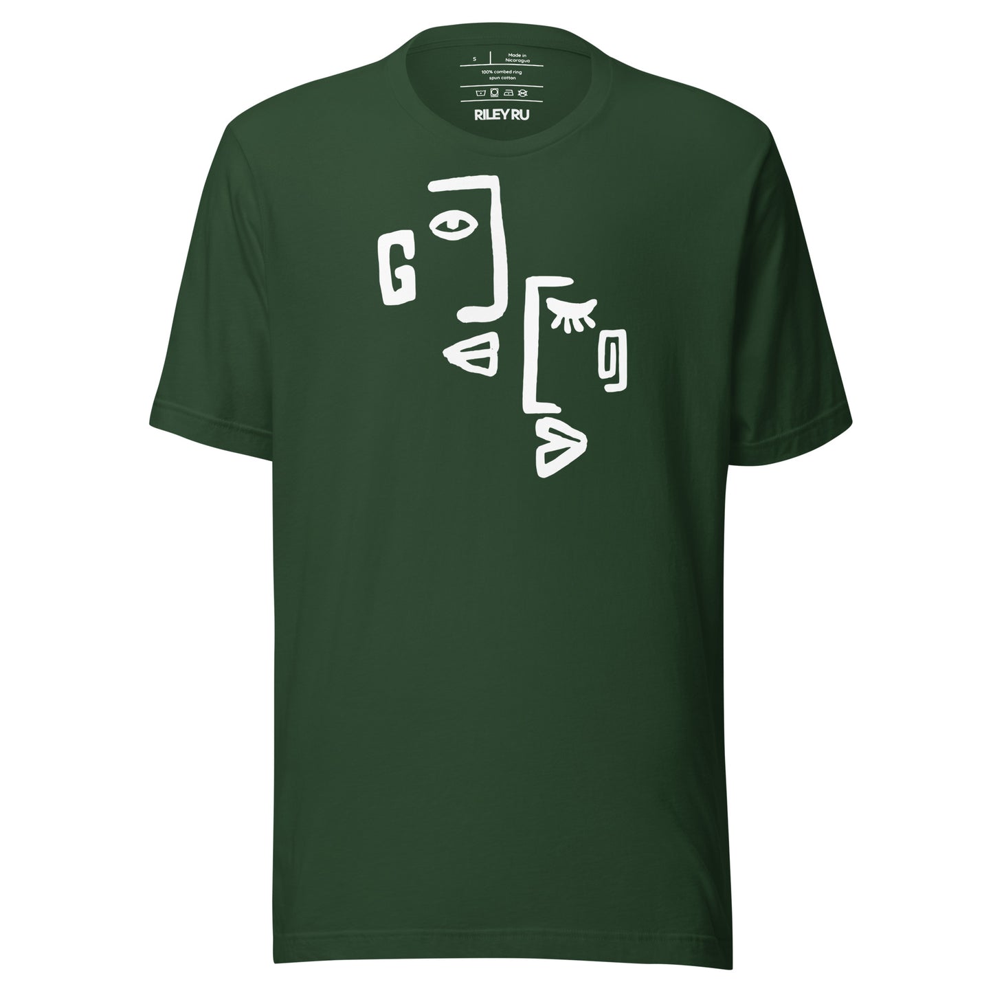 Green t-shirt with white abstract face design on a white background