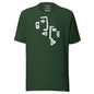 Green t-shirt with white abstract face design on a white background