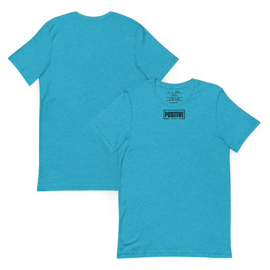 Blue t-shirt with 'POSITIVE' text on a white background
