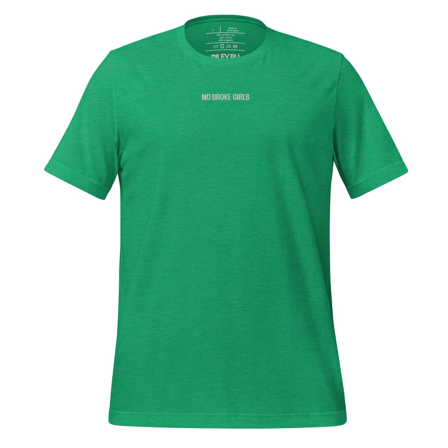 Green t-shirt with white text on a white background