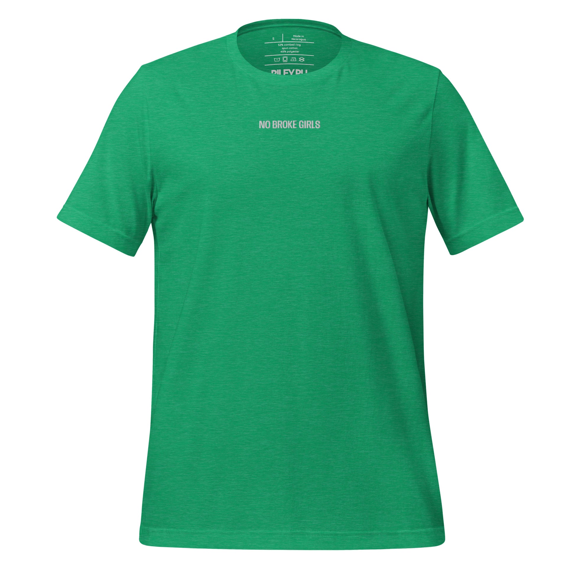 Green t-shirt with white text on a white background