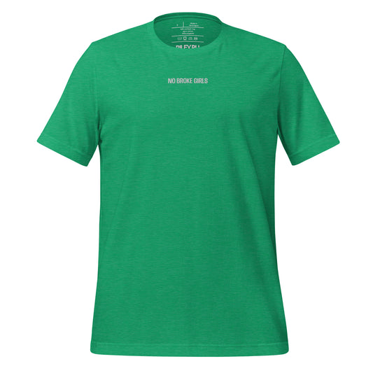 Green t-shirt with white text on a white background