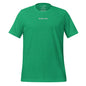Green t-shirt with white text on a white background