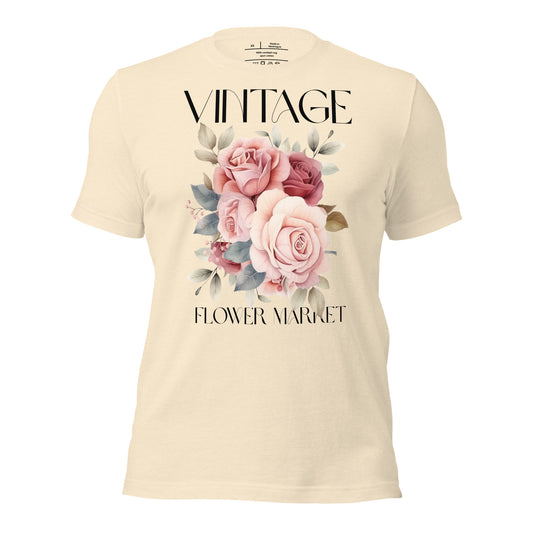 Beige t-shirt with floral design and text on a white background