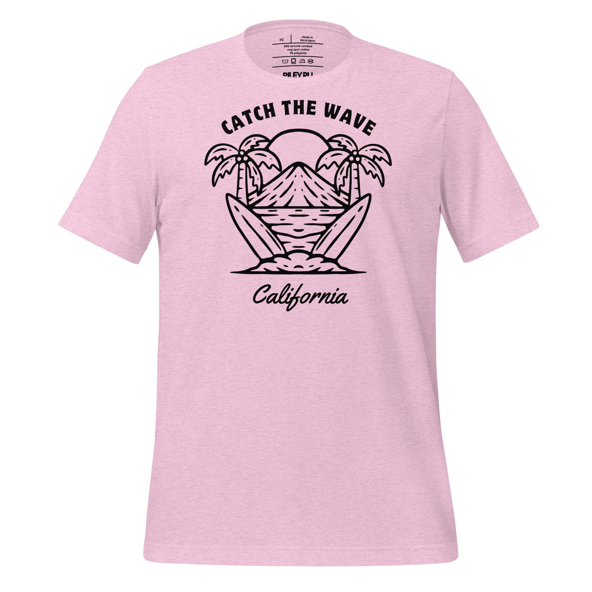 Pink t-shirt with a beach graphic and 'Catch the Wave California' text on a white background