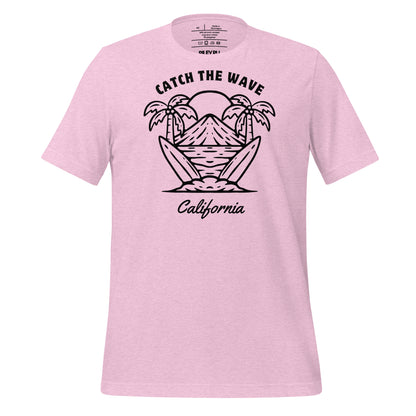 Pink t-shirt with a beach graphic and 'Catch the Wave California' text on a white background