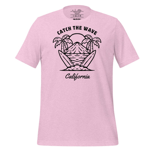 Pink t-shirt with a beach graphic and 'Catch the Wave California' text on a white background