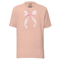 Pink t-shirt with a white bow design on a white background