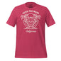 Red t-shirt with white text on a white background