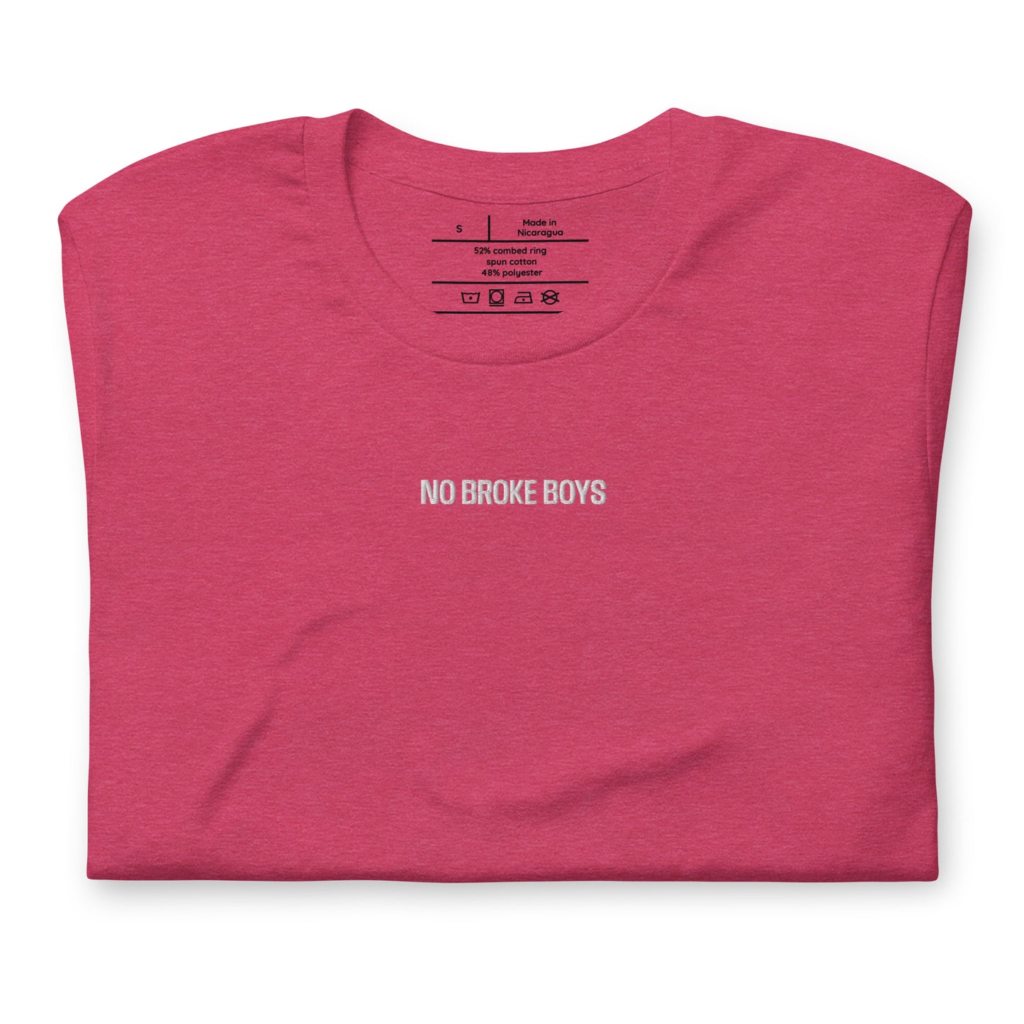 Folded pink t-shirt with 'NO BROKE BOYS' text on a white background