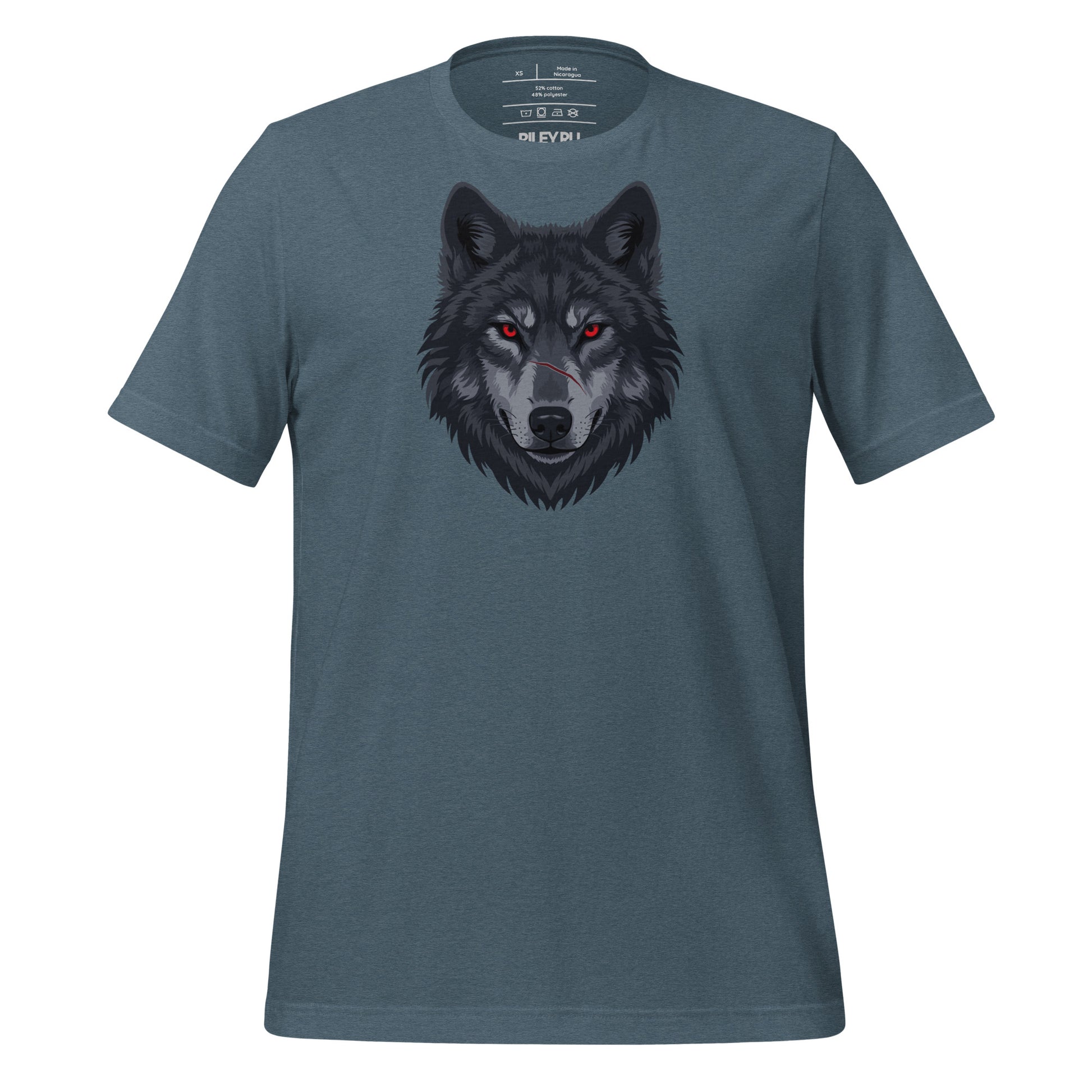 Blue t-shirt with a wolf graphic on a white background