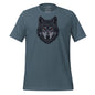 Blue t-shirt with a wolf graphic on a white background