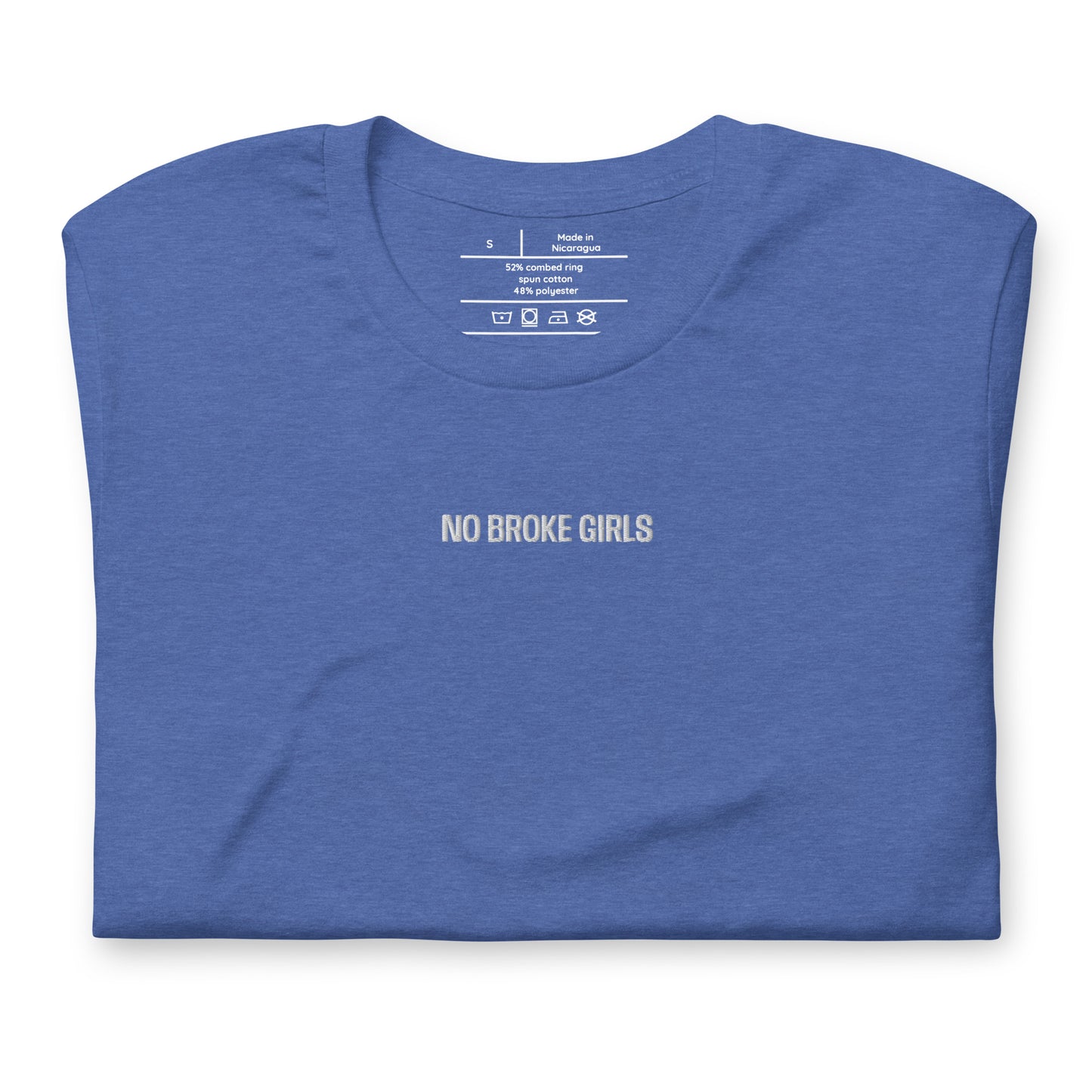 Folded blue t-shirt with 'NO BROKE GIRLS' text on a white background