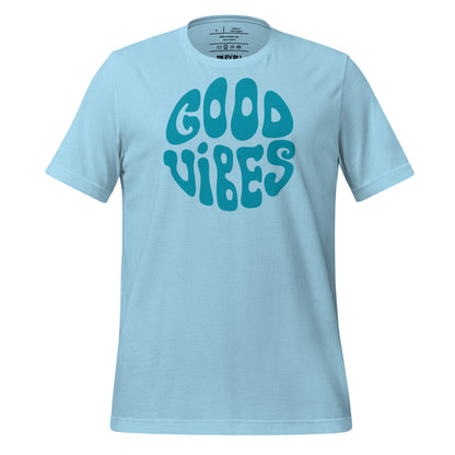 Light blue t-shirt with 'Good Vibes' text on a white background