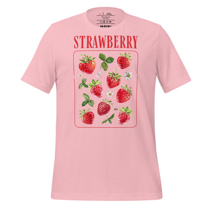 Pink t-shirt with strawberry design and text on a white background