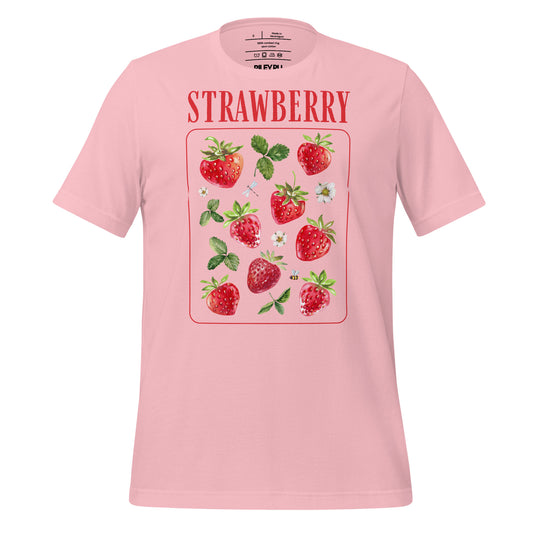 Pink t-shirt with strawberry design and text on a white background