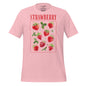 Pink t-shirt with strawberry design and text on a white background