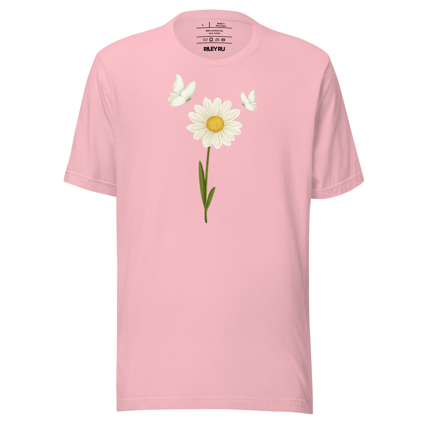 Pink t-shirt with a daisy graphic on a white background