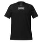 Black t-shirt with red text on a white background