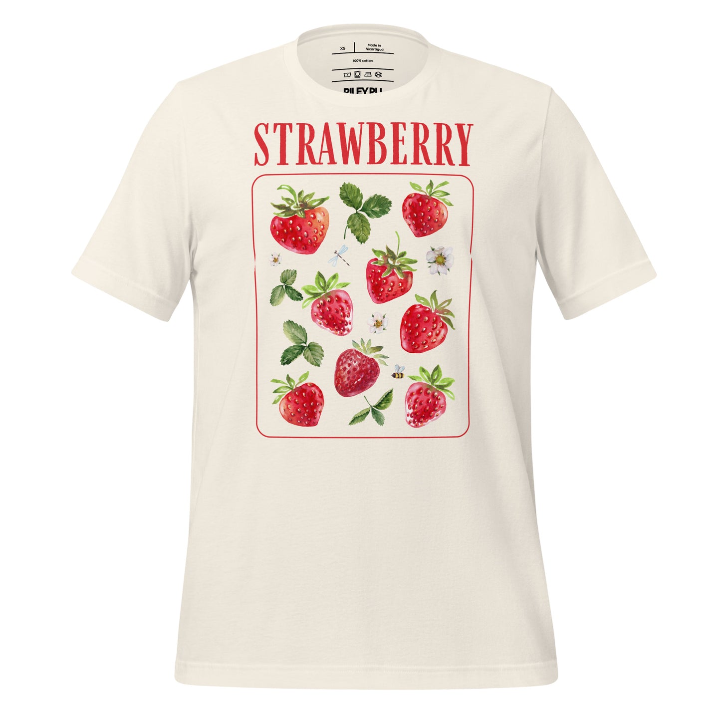 White t-shirt with strawberry design and text on a white background