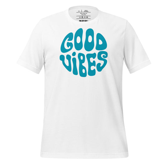 White t-shirt with 'Good Vibes' text in blue on a white background