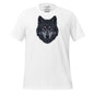 White t-shirt with a wolf graphic on a white background