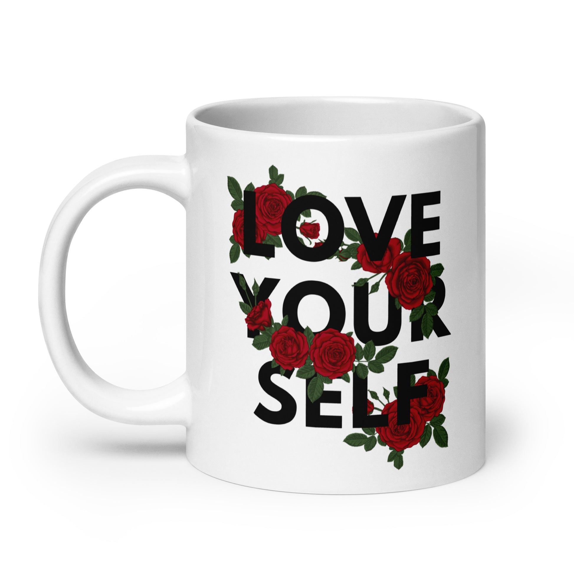 White mug with 'Love Your Self' text and red roses on a white background