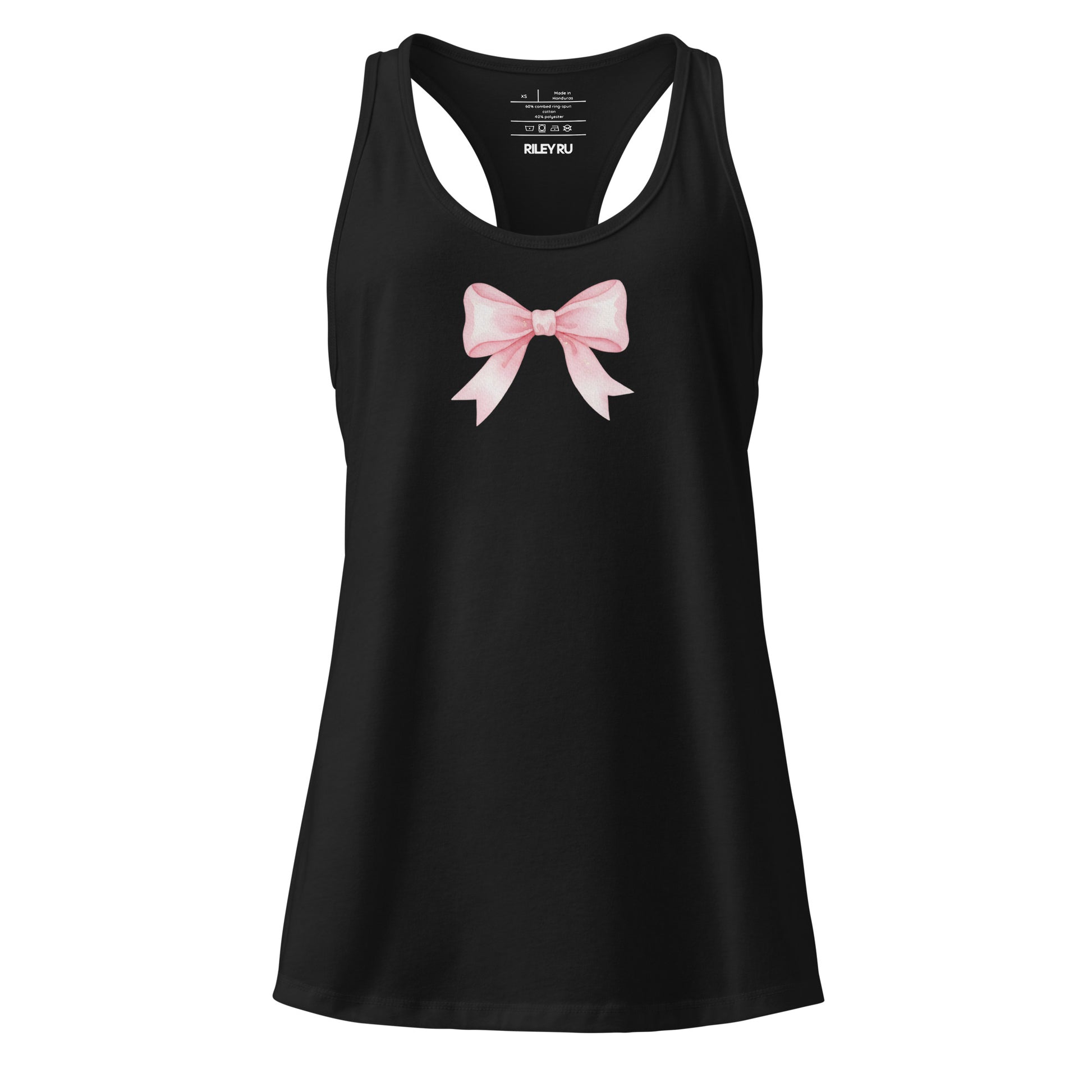 Black tank top with a pink bow design on a white background