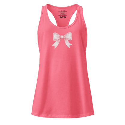 Pink tank top with a white bow design on a white background