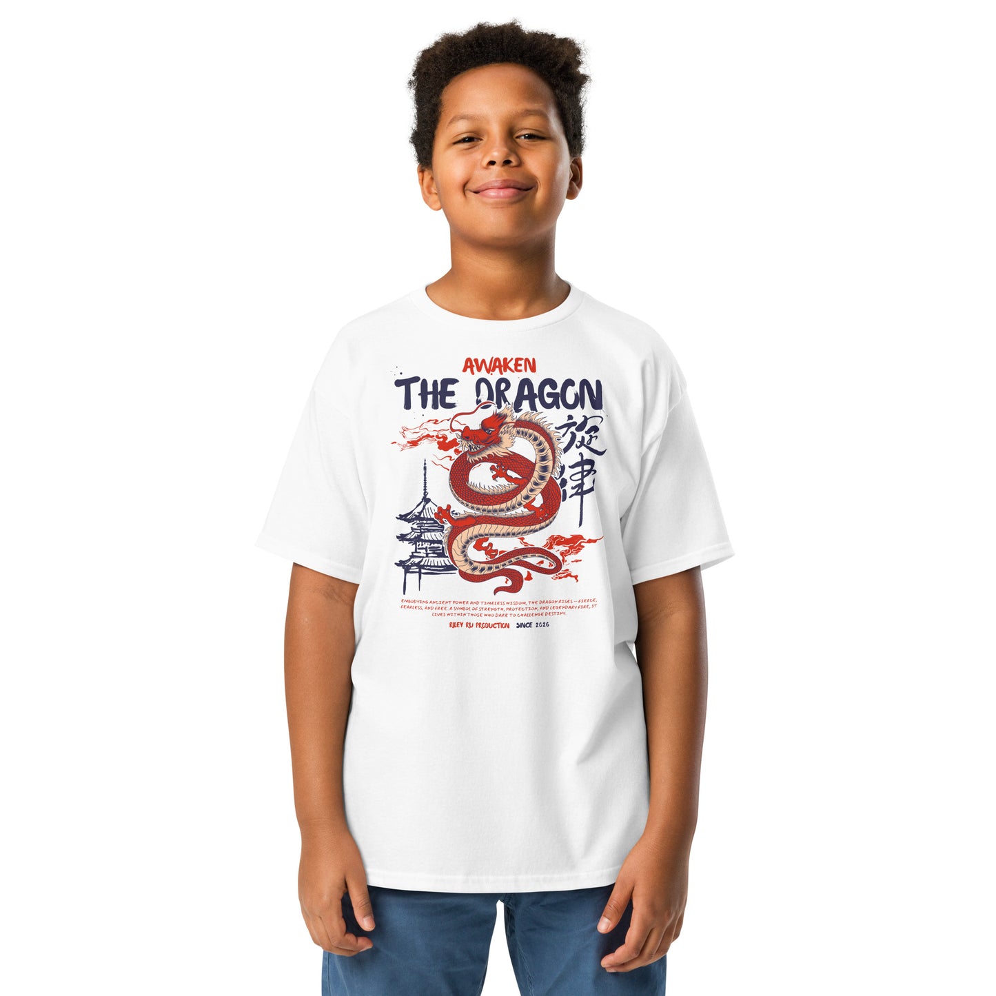 Child wearing a white t-shirt with a dragon graphic and text on a white background