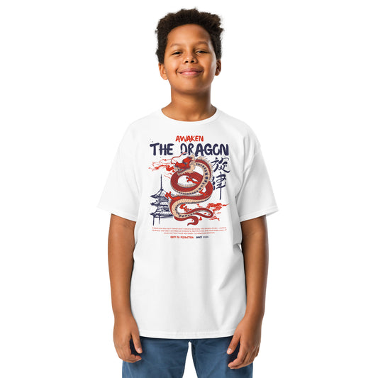 Child wearing a white t-shirt with a dragon graphic and text on a white background