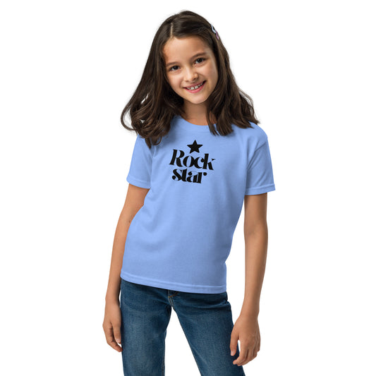 Young girl wearing a light blue t-shirt with 'Rock Star' text on a white background