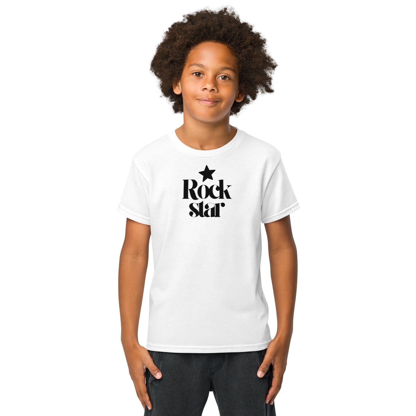 Child wearing a white t-shirt with 'Rock Star' text on a white background